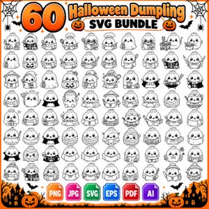 May include: A digital collection of 60 Halloween dumpling illustrations in black and white line art. The graphic features various dumpling characters in costumes, including ghosts, mummies, and vampires, with the text 60 Halloween Dumpling SVG BUNDLE.