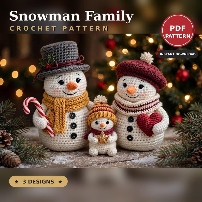 May include: A Snowman Family crochet pattern PDF featuring three crocheted snowmen. The largest wears a gray top hat and mustard scarf, holding a candy cane. The medium snowman wears a maroon beret and scarf, holding a red heart. The smallest wears a striped hat and scarf, holding a gold star.