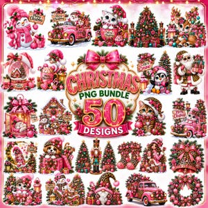 Può includere: Una collezione digitale di 50 illustrazioni a tema natalizio con tavolozze di colori rosa e oro. Le immagini includono pupazzi di neve, renne, schiaccianoci, alberi decorati, gattini, cuccioli, pinguini e camion, tutti decorati con fiocchi festivi.