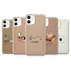 May include: A collection of five phone cases with coffee-themed designs. The cases feature illustrations of coffee cups, a coffee maker, and the text "coffee" with a heart symbol. The color palette includes shades of brown, beige, and white.