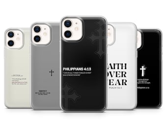 May include: A collection of phone cases with various designs and text. One case is black with a cross and the text "Philippians 4:13". Other cases include a cross, the text "Faith Over Fear", and Bible verses.
