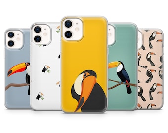 May include: A collection of five phone cases featuring toucan bird designs. The cases showcase various backgrounds, including solid yellow, light blue, and patterned designs. Each case displays a different toucan illustration with vibrant colors and details.