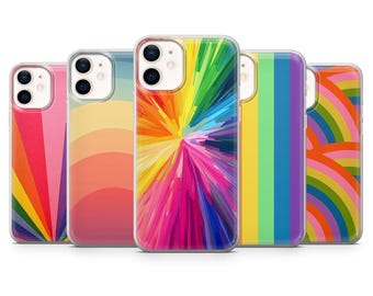 May include: A collection of five phone cases with colorful designs. The cases feature a variety of patterns, including rainbow stripes, a sunset gradient, and a burst of vibrant colors. Each case has a clear border.