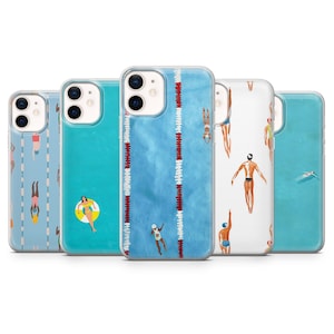 May include: A collection of five phone cases with various swimming-themed designs. The cases feature illustrations of swimmers in a pool, a swimmer with a yellow inflatable ring, and a swimmer in a blue swimming pool. The cases are clear with a colorful design.