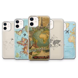 May include: A collection of five iPhone cases featuring travel-themed designs. The cases display world maps, compasses, and iconic landmarks like the Eiffel Tower. Each case has a different design, with a clear background.