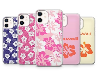 May include: A collection of phone cases featuring floral designs. The cases display a variety of colors, including pink, white, and purple, with the word "Hawaii" printed on some. The cases are designed to fit a smartphone.