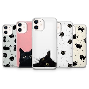 Black Cat Phone Case Minimal Animal Cover for iPhone 17Pro, 16, 15, 14, 13, 12, Samsung S26, S25, S24, S23Fe, A16, A56, A55, Pixel 10, 9Pro