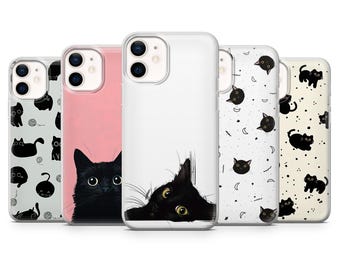 Black Cat Phone Case Minimal Animal Cover for iPhone 17Pro, 16, 15, 14, 13, 12, Samsung S26, S25, S24, S23Fe, A16, A56, A55, Pixel 10, 9Pro