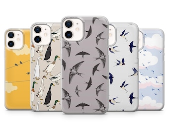 May include: A collection of five phone cases with various bird-themed designs. The cases feature illustrations of ducks, swallows, and birds on power lines, set against backgrounds of yellow, gray, and blue. Each case has a clear border.