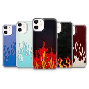 May include: A collection of five phone cases with flame designs. The cases feature a variety of colors, including blue, light blue, black, and red. The flames are stylized and add a bold, eye-catching element to the phone cases.