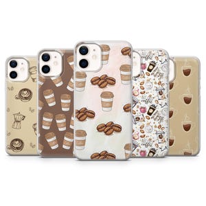 May include: A selection of phone cases with coffee-themed patterns. The cases display images of coffee beans, takeaway cups, and coffee-related graphics. The colour scheme includes shades of brown, beige, and white, creating a warm and inviting aesthetic.