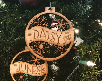 Set Of 2 - Customizable Baby's First Christmas Ornament - Engraved Birch Wood Ornament