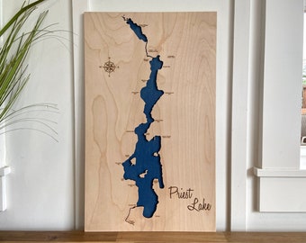 Priest Lake, Idaho Wood Map - 3-D Lake Sign - Handmade Custom Map with Compass and Lake Name Engraved - North Idaho Made