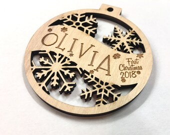 Olivia - First Christmas Ornament - Engraved Birch Wood Ornament