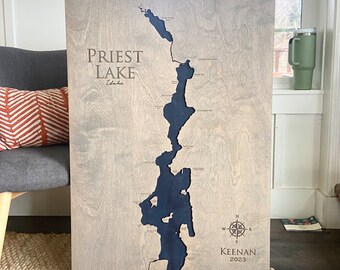 Priest Lake, Idaho Wood Map - 3-D Lake Sign - Handmade Custom Map with Compass and Lake Name Engraved - North Idaho Made