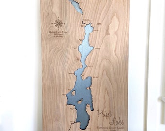 Priest Lake, Idaho Wood Map - 3-D Lake Sign - Handmade Custom Map with Compass and Lake Name Engraved - North Idaho Made