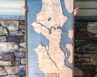 18x30" SEATTLE Wood Engraved Map Art - 3-D Water and City - by NorthIdahoMade