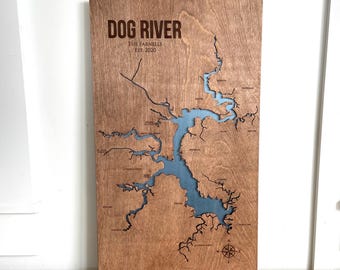Dog River, Alabama - Custom Lake Map - Handmade Compass and Lake Name Engraved - North Idaho Made