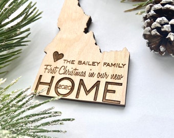 First Christmas in our New Home Idaho Christmas Ornament - State ornament - Engraved Birch Wood
