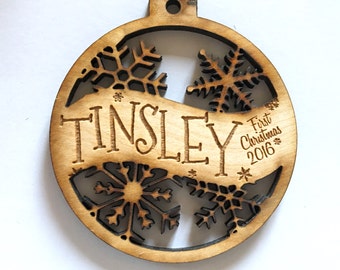 Tinsley - Customizable Baby's First Christmas Ornament - Engraved Birch Wood Ornament