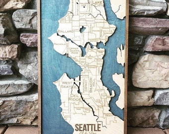 SEATTLE Wood Engraved Map Art - 12x20" or Larger - 3-D Water and City - by NorthIdahoMade