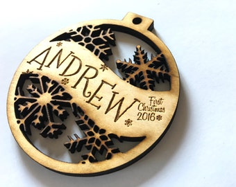 Andrew - Customizable Baby's First Christmas Ornament - Engraved Birch Wood Ornament