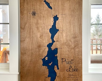 Priest Lake, Idaho Wood Map - 3-D Lake Sign - Handmade Custom Map with Compass and Lake Name Engraved - North Idaho Made