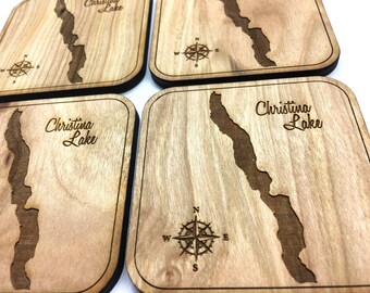 Set of 4 Christina Lake, British Columbia Canada Wood Coasters - Wooden Engraved Handmade Compass and Lake Name Engraved