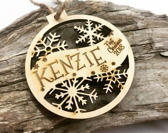 Kenzie - Customizable Baby's First Christmas Ornament - Engraved Birch Wood Ornament