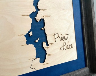 Priest Lake, Idaho Wood Lake Map - 3-D Lake Sign - Handmade Custom Map with Compass and Lake Name Engraved - North Idaho Made