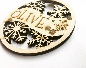Olive - Customizable Dog or Puppy's First Christmas Ornament - Engraved Birch Wood Ornament