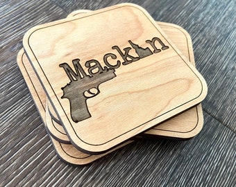 Last Name Custom Wood Coasters - Wooden Engraved Handmade - Idaho Revolver Gun Mackin Name Coaster - LEO gift