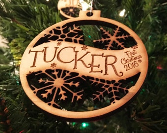 Tucker -  First Christmas Ornament - Engraved Birch Wood Ornament