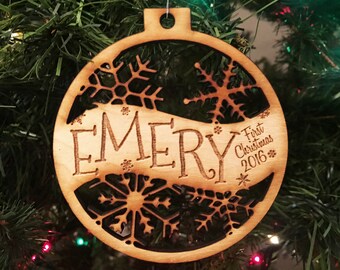 Emery - First Christmas Ornament - Engraved Birch Wood Ornament