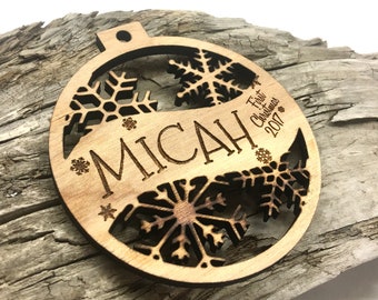 Micah - First Christmas Ornament - Engraved Birch Wood Ornament