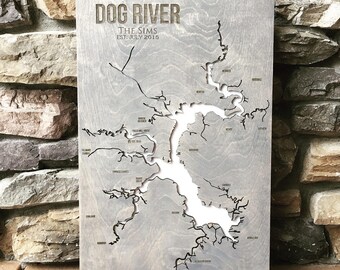 Dog River, Alabama - Grey & White Custom Lake Map - Handmade Compass and Lake Name Engraved - North Idaho Made