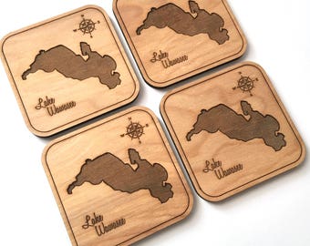 Set of 4 Lake Wawasee Indiana Wood Coasters - Wooden Engraved North Idaho Handmade  Compass and Lake Name Engraved - NorthIdahoMade