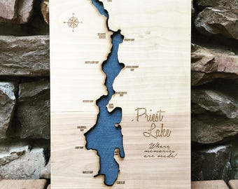 Priest Lake, Idaho Wood Map - 3-D Lake Sign - Handmade Custom Map with Compass and Lake Name Engraved - North Idaho Made