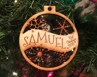 Samuel -  First Christmas Ornament - Engraved Birch Wood Ornament