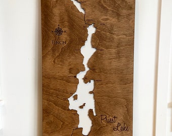 Priest Lake in Walnut and White, Idaho 3-D Lake Sign - Handmade Custom Map with Compass and Lake Name Engraved - North Idaho Made