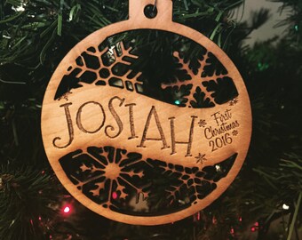 Josiah - Customizable Baby's First Christmas Ornament - Engraved Birch Wood Ornament