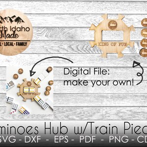 May include: A digital file for a wooden dominoes hub with train pieces. The hub is shaped like a train engine and has the words "King of Fun" written on it. The file includes SVG, DXF, EPS, PDF, PNG, and CDR formats.