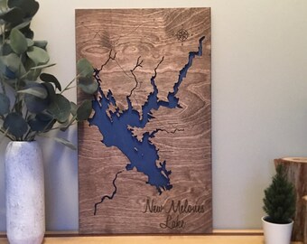 New Melones Lake, California 3-D Lake Sign - Handmade Custom 3-d Wood Map with Compass and Lake Name Engraved - North Idaho Made