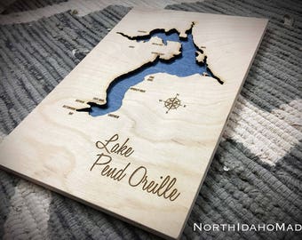 Lake Pend Oreille 3-D Lake Sign - Ponderay North Idaho Handmade Custom with Cities, Compass and Lake Name Engraved - NorthIdahoMade