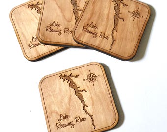 Set of 4 Lake Roaming Rock, Ohio Wood Coasters - Wooden Engraved Handmade Compass and Lake Name Engraved