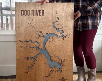 Dog River, Alabama - Custom Lake Map - Handmade Compass and Lake Name Engraved - North Idaho Made