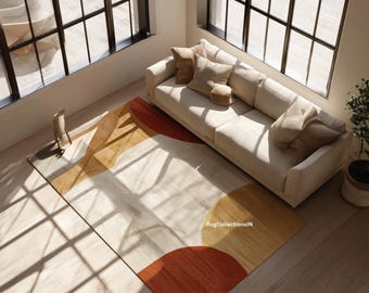 Sunlit Geometric Wool Area Rug | Hand Tufted Modern Abstract Rug in Earth Tones | Minimal Living Room Carpet
