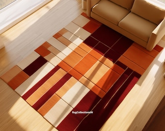 Modern Geometric Wool Rug | Hand Tufted Abstract Area Rug | Warm Earth Tone Living Room Rug | Contemporary Home Decor