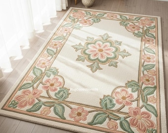 Vintage Floral Border Rug | Hand Tufted Wool Carpet | Ivory Pink Green Area Rug | Shabby Chic Cottagecore Decor | Custom Size Floral Rug