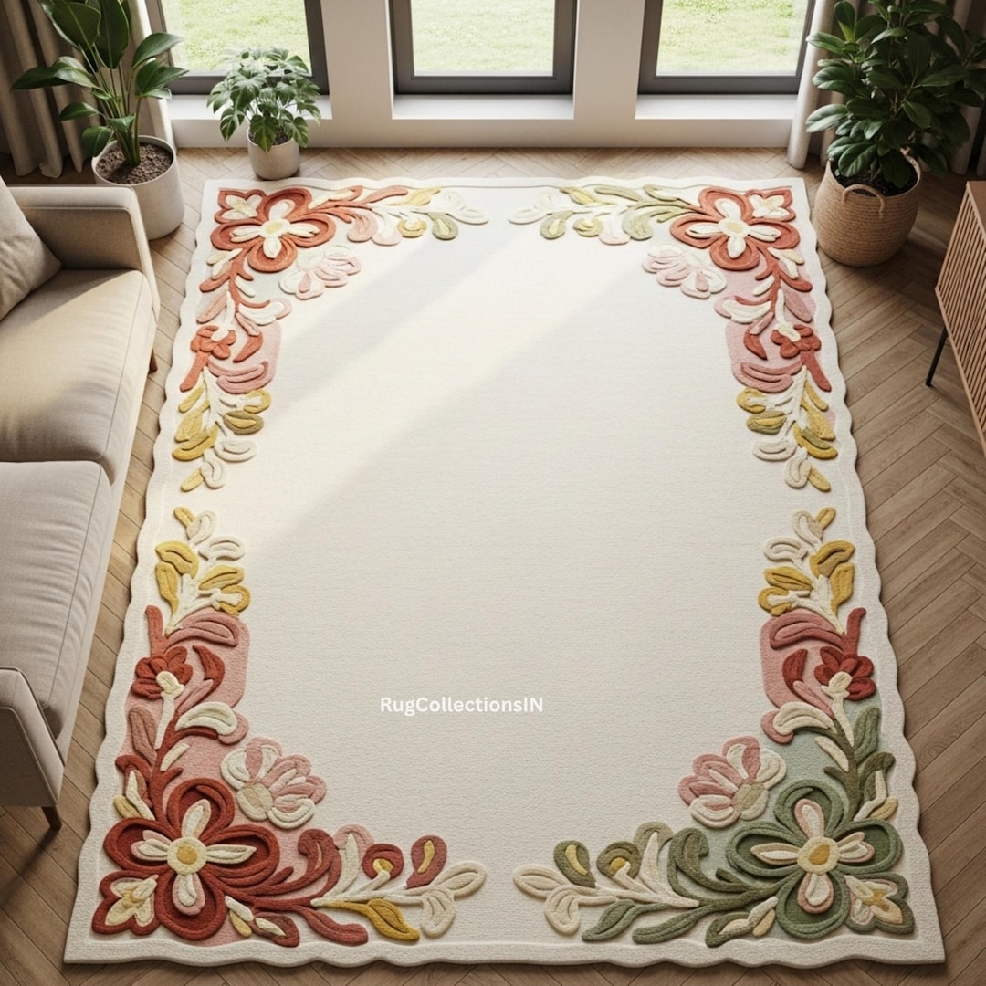 Pulse Border Rug Vintage Floral Border Rug | Hand Tufted Wool Carpet | Elegant Living ...